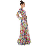 HDY Haoduoyi Multi Women Maxi Dresses Long Sleeve V Neck High Waist Casual Dress Women Tie Waist Floar Print Floor-Length Dress