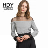 HDY Haoduoyi Fashion Women Sexy Sweet Sweatshirts Mesh Semi Sheer Patchwork Long Sleeve Female Lace Hoodies Casual Lady Pullover