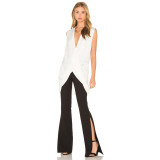 HDY Haoduoyi Fashion Split Flare Pants Women High Waist Slim Female Trousers Brief Style Solid Black Ladies Casual Pants