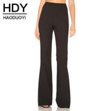 HDY Haoduoyi Fashion Split Flare Pants Women High Waist Slim Female Trousers Brief Style Solid Black Ladies Casual Pants