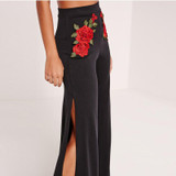 HDY Haoduoyi Fashion Flora Embroidery Pants Women High Waist Slim Female Wide Leg Pants Vintage Black Split Ladies Casual Pants