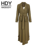 HDY Haoduoyi Chiffon Longline Coats Women Long Sleeve Turn-down Collar Female Outwear Slim Split Army Green Trench Coats