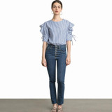 HDY Haoduoyi Brand Women Plaid Casual Cotton Sweet Shirts Hollow Out Lace Up Butterfly Sleeve Female Elegant Blouses O-Neck Tops