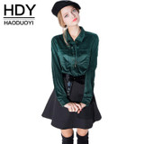 HDY Haoduoyi Chic Female Tops Shirt Suede Blouses Pockets Drawstring Women Shirts Vintage Slim Preppy Basic Blouse Shirt