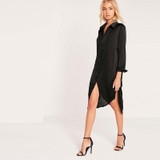 HDY Haoduoyi Black Women Dress Long Sleeve Turn-down Collar Split Side Straigh Dress Women Embroidery Loose Casual Dress