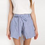 HDY Haoduoyi 2017 Summer Stripe Shorts Women Loose Casual Short Slim High Waist Button Culotte Lacing Bottom Cotton Skirt Shorts
