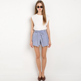 HDY Haoduoyi 2017 Summer Stripe Shorts Women Loose Casual Short Slim High Waist Button Culotte Lacing Bottom Cotton Skirt Shorts