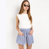 HDY Haoduoyi 2017 Summer Stripe Shorts Women Loose Casual Short Slim High Waist Button Culotte Lacing Bottom Cotton Skirt Shorts