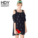 HDY Haoduoyi 2017 New Women Summer Dress Off Shoulder Ruffle Frill Sweet Dress Party Celebrity Mini Dress