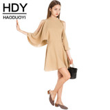 HDY Haoduoyi 2017 Fashion Pleated Mini Dress Women Batwing Sleeve Female A-line Dress Brief Style Solid O-neck Bodycon Dress