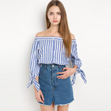 HDY Haoduoyi 2017 Fashion Striped Women Clothing Casual Slash Neck Slim Sexy Blouse Off Shoulder Backless Tie Cuff Shirt