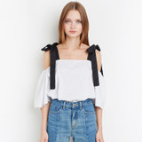 HDY Haoduoyi 2017 Fashion Bow Shirt Women Casual Solid White Off-Shoulder Lady Tops Summer Slash Neck Half Sleeve Cute Blouse