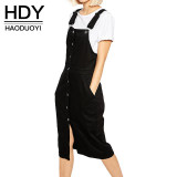 HDY Haoduoyi 2017 Autumn Women Fashion Solid Black Single Buttons Pencil Dress High Waist  Casual Loose Brief Strap Dress