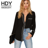 HDY Haoduoyi 2017 Autumn Women Fashion Solid Black Single Breasted Straight Shirt Long Sleeve Turn-down Collar Casual Blouse