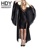 HDY Haoduoyi 2017 Autumn Fashion Womens Solid Black Flare Sleeve Chiffon Blouse Draw String Sexy Cheer Hollow Out Shirts