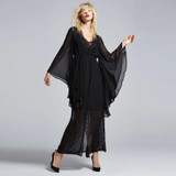 HDY Haoduoyi 2017 Autumn Fashion Womens Solid Black Flare Sleeve Chiffon Blouse Draw String Sexy Cheer Hollow Out Shirts
