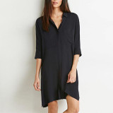 HDY Haoduoyi 2016 Women Fashion New Sexy Split Vestidos Solid Black Loose Casual Midi Shirt Summer Dress Vestidos Female