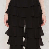 HDY Haoduoyi 2016 New Women Fashion Casual Loose Solid Black Ruffle Straigh Vintage Elegant  Mid-rise Long Flare  Pants