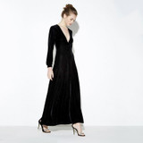 HDY Haoduoyi 2016 Autumn Fashion Women Black Velvet Long Sleeved Maxi Dress Vestidos Plunge Neck Party Dress