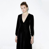 HDY Haoduoyi 2016 Autumn Fashion Women Black Velvet Long Sleeved Maxi Dress Vestidos Plunge Neck Party Dress
