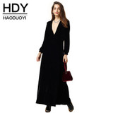 HDY Haoduoyi 2016 Autumn Fashion Women Black Velvet Long Sleeved Maxi Dress Vestidos Plunge Neck Party Dress