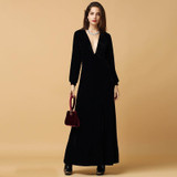 HDY Haoduoyi 2016 Autumn Fashion Women Black Velvet Long Sleeved Maxi Dress Vestidos Plunge Neck Party Dress