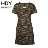 HDY Haoduoyi  Women Summer Army Vintage Camouflage Print Dress Short Sleeve O-neck Girl Short Dresses for wholesale