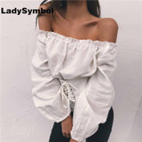 LadySymbol Lace Up Off Shoulder Ruffle Blouse Shirt Women Long Sleeve Casual Blusas Autumn 2017 Female Beach Sexy Black Blouses