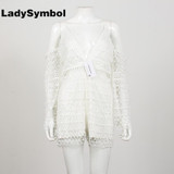 LadySymbol Off Shoulder Lace Summer Jumpsuit Romper Women V Neck Howllow Out Long Sleeve Backless White Playsuit Elegant Overall