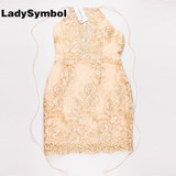 LadySymbol Elegant Gold Sexy Club Bodycon Dress Women Off Shoulder Summer Lace Casual Backless Halter Gauze Metallic Beach Dress