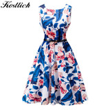 Kostlich Summer Dress Women Retro Cotton Floral Print 50s 60s Vintage Dress With Belt Sleeveless Elegant Party Dresses Sundress