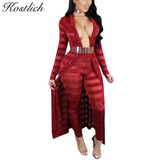 Kostlich Stripes Mesh See Through Overalls Women Sexy Jumpsuit Wine Red Cape Coat & Long Pants 2 Piece Rompers Womens Jumpsuit