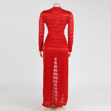 Kostlich Stripes Mesh See Through Overalls Women Sexy Jumpsuit Wine Red Cape Coat & Long Pants 2 Piece Rompers Womens Jumpsuit