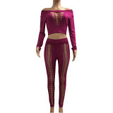 Kostlich Slash Neck Off Shoulder Sexy Women Jumpsuits 2 Piece Set Summer Romper Long Sleeve Hollow Out Rompers Womens Jumpsuit