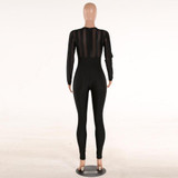 Kostlich Striped Mesh Patchwork Jumpsuit 2017 Autumn Winter Sexy Women Rompers Black Long Pants Women Bodycon Jumpsuit Romper