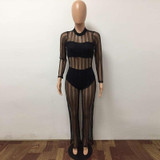 Kostlich 2017 Sexy Women Jumpsuit O-Neck Long Sleeve Mesh Patchwork Jumpsuits Striped See Through Rompers Women Jumpsuit Clothes