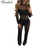 Kostlich 2017 Sexy Women Jumpsuit O-Neck Long Sleeve Mesh Patchwork Jumpsuits Striped See Through Rompers Women Jumpsuit Clothes