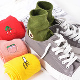 Korean Women's Kawaii Embroidery Fruit Knee Socks Cute Female Avocado Banana Cherry Peach Cartoon Long Sock Pink Cotton Sock