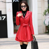 Leather Trench Coat Women's trench Coat Female Leather Skirt windbreaker Women Long Trench, Trench Coat Feminino With Fur Collar