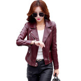 Leather Jacket women Spring and Autumn Leather Coat Women Short Slim Motorcycle Leather Clothing Female Outerwear Wine Black 150