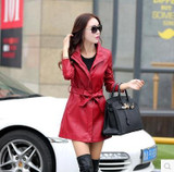 Leather Coats Women Long with Belt  Leather Jacket Turn-Down Collar Jaqueta Couro Jaqueta De Couro Feminina CJJ0018