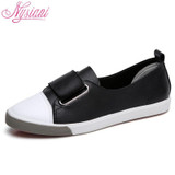 Leather Casual Shoes For Women Flats Solid Casual 2017 Autumn Round Toe Split Leather Hook &amp; Loop Women Boat Shoes Nysiani