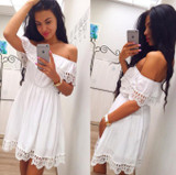 LDZHPS Fashion women Elegant Vintage sweet lace Dress stylish sexy slash neck casual slim beach Summer vestidos