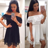 LDZHPS Fashion women Elegant Vintage sweet lace Dress stylish sexy slash neck casual slim beach Summer vestidos