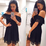 LDZHPS Fashion women Elegant Vintage sweet lace Dress stylish sexy slash neck casual slim beach Summer vestidos