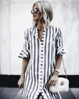 LDZHPS 2018 Summer New Striped Straight Dress Casual Button V-neck Half Flare Sleeve Long shirt dresses Vintage Loose Vestidos