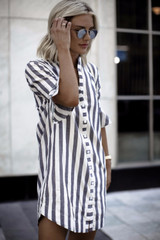 LDZHPS 2018 Summer New Striped Straight Dress Casual Button V-neck Half Flare Sleeve Long shirt dresses Vintage Loose Vestidos