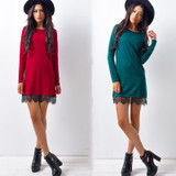 LDZHPS 2017 Autumn Women's Fashion Black Lace Patchwork dress Casual Sweet O-neck Long Sleeve Slim dress Elegant Mini Vestidos