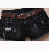 LAUWOO Women Holes Rivet Denim Shorts Dark Solid Shorts Black Jean ripped Low waist Shorts Without Belt LAUWOO Women Holes Rivet Denim Shorts Dark Solid Shorts Black Jean ripped Low waist Shorts Without Belt