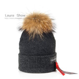 LAURASHOW Kids Boys Girl Hip Hop Cap Real Raccoon Fur Ball Pom Poms Knitted Wool Beanie Hat Warm Winter